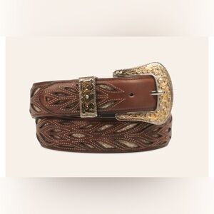 Cavender’s Brown Leather Western Belt Gold Glitter Inlay Buckle | Size L